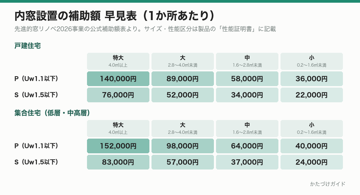 内窓設置の補助額の早見表。戸建住宅はPで14万円・8万9千円・5万8千円・3万6千円、Sで7万6千円・5万2千円・3万4千円・2万2千円。集合住宅はPで15万2千円・9万8千円・6万4千円・4万円、Sで8万3千円・5万7千円・3万7千円・2万4千円