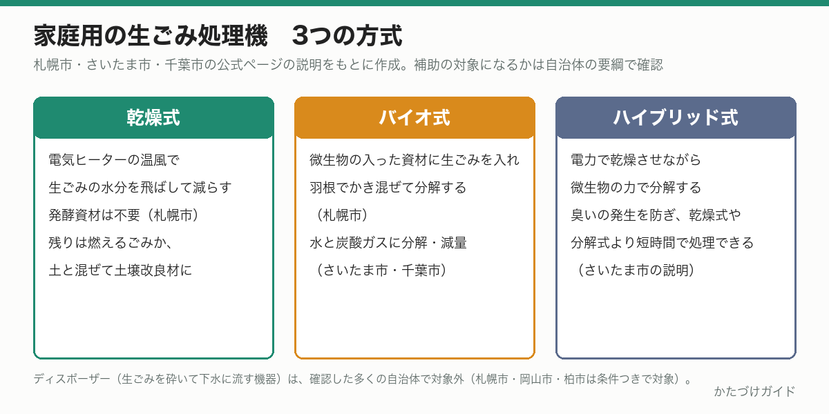 家庭用の生ごみ処理機の3つの方式の図。乾燥式は温風で水分を飛ばして減らす。バイオ式は微生物の入った資材でかき混ぜて分解する。ハイブリッド式は乾燥させながら微生物で分解する